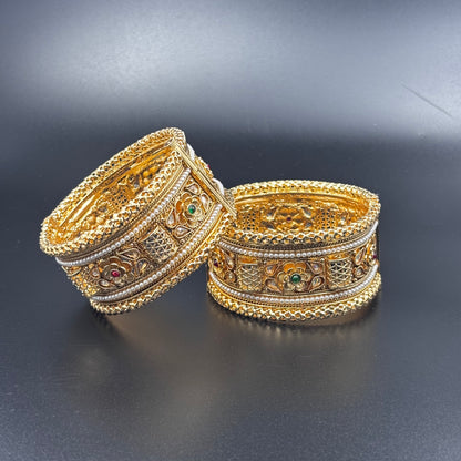 Traditional Gold-Plated Pearl Bangles with Floral Design, Green and Red Stones, Set of 2 size 2 6