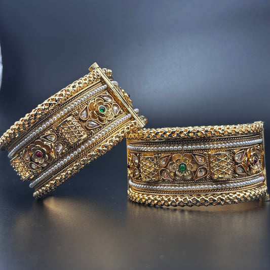 Traditional Gold-Plated Pearl Bangles with Floral Design, Emerald and Ruby Accents, Set of 2 size 2 6