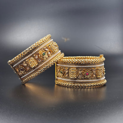 Traditional Gold-Plated Pearl Bangles with Floral Design, Emerald and Ruby Accents, Set of 2 size 2 6