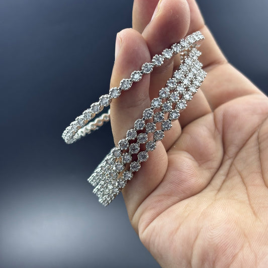 Crystal Rhinestone Stretch Bangles, Silver-Toned, Set of 4, Elastic Fashion Bracelets size 2 6