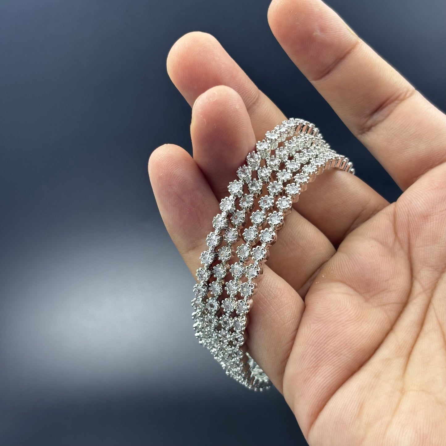 Crystal Rhinestone Stretch Bangles, Silver-Toned, Set of 4, Elastic Fashion Bracelets size 2 6