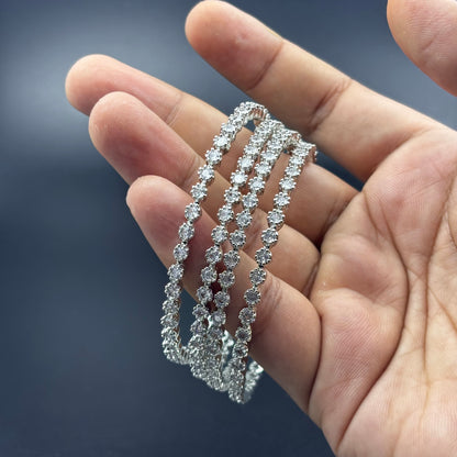 Crystal Rhinestone Stretch Bangles, Silver-Toned, Set of 4, Elastic Fashion Bracelets size 2 6