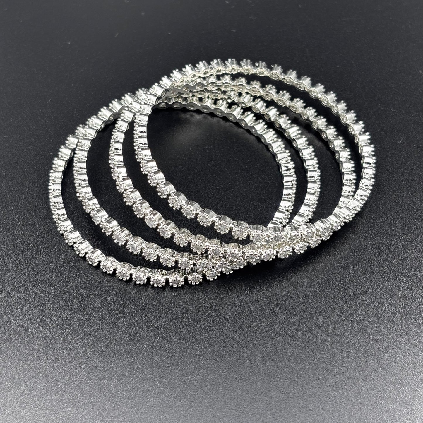 Crystal Rhinestone Stretch Bangles, Silver-Toned, Set of 4, Elastic Fashion Bracelets size 2 6