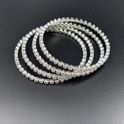 Crystal Rhinestone Stretch Bangles, Silver-Toned, Set of 4, Elastic Fashion Bracelets size 2 6