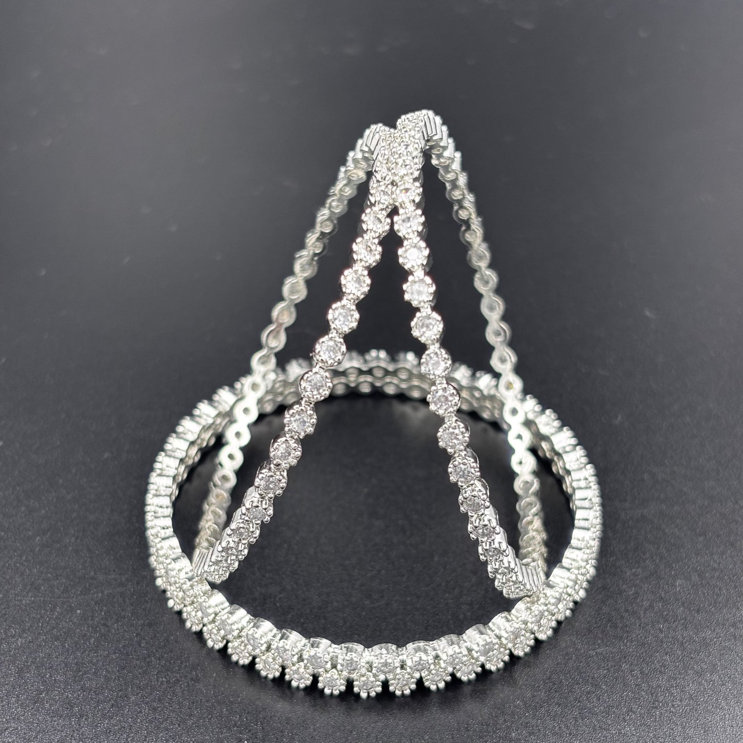Crystal Rhinestone Stretch Bangles, Silver-Toned, Set of 4, Elastic Fashion Bracelets size 2 6