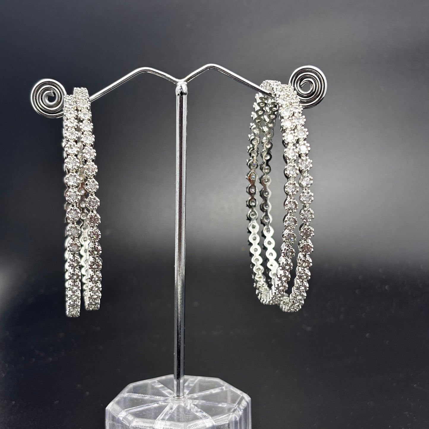 Crystal Rhinestone Stretch Bangles, Silver-Toned, Set of 4, Elastic Fashion Bracelets size 2 6