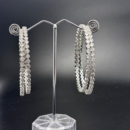 Crystal Rhinestone Stretch Bangles, Silver-Toned, Set of 4, Elastic Fashion Bracelets size 2 6