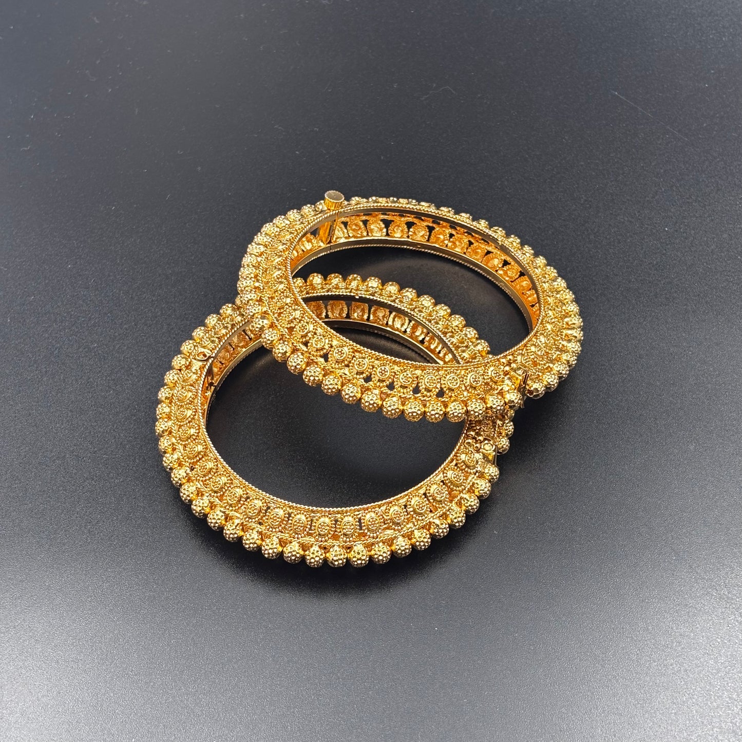 Traditional Gold-Plated Bangles with Beaded Design, Set of 2, Size 2 6