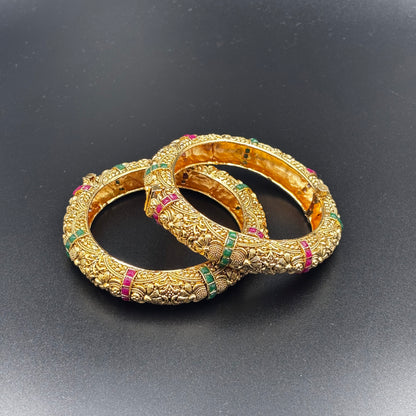 Traditional Gold-Plated Bangles with Ruby and Emerald Stones, Antique Design, Set of 2 Size 2 6