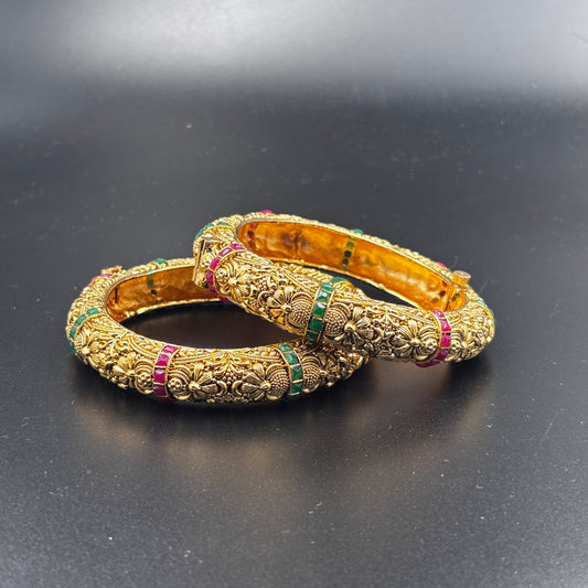 Traditional Gold-Plated Bangles with Ruby and Emerald Stones, Antique Design, Set of 2 Size 2 6