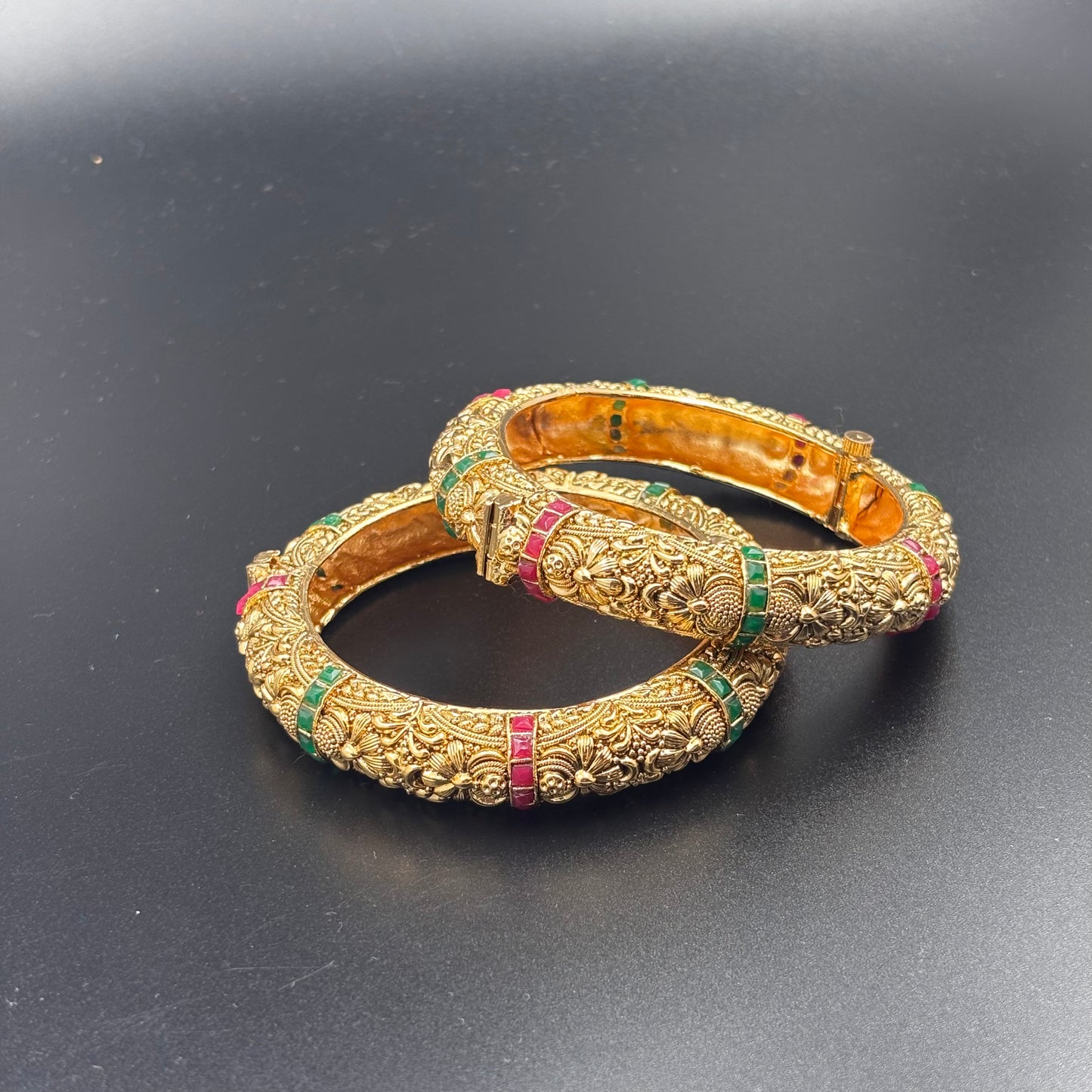 Traditional Gold-Plated Bangles with Ruby and Emerald Stones, Antique Design, Set of 2 Size 2 6