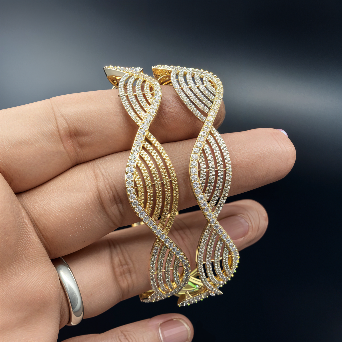 Luxury Crystal-Studded Gold Bangles, Twisted Infinity Design – Primepick