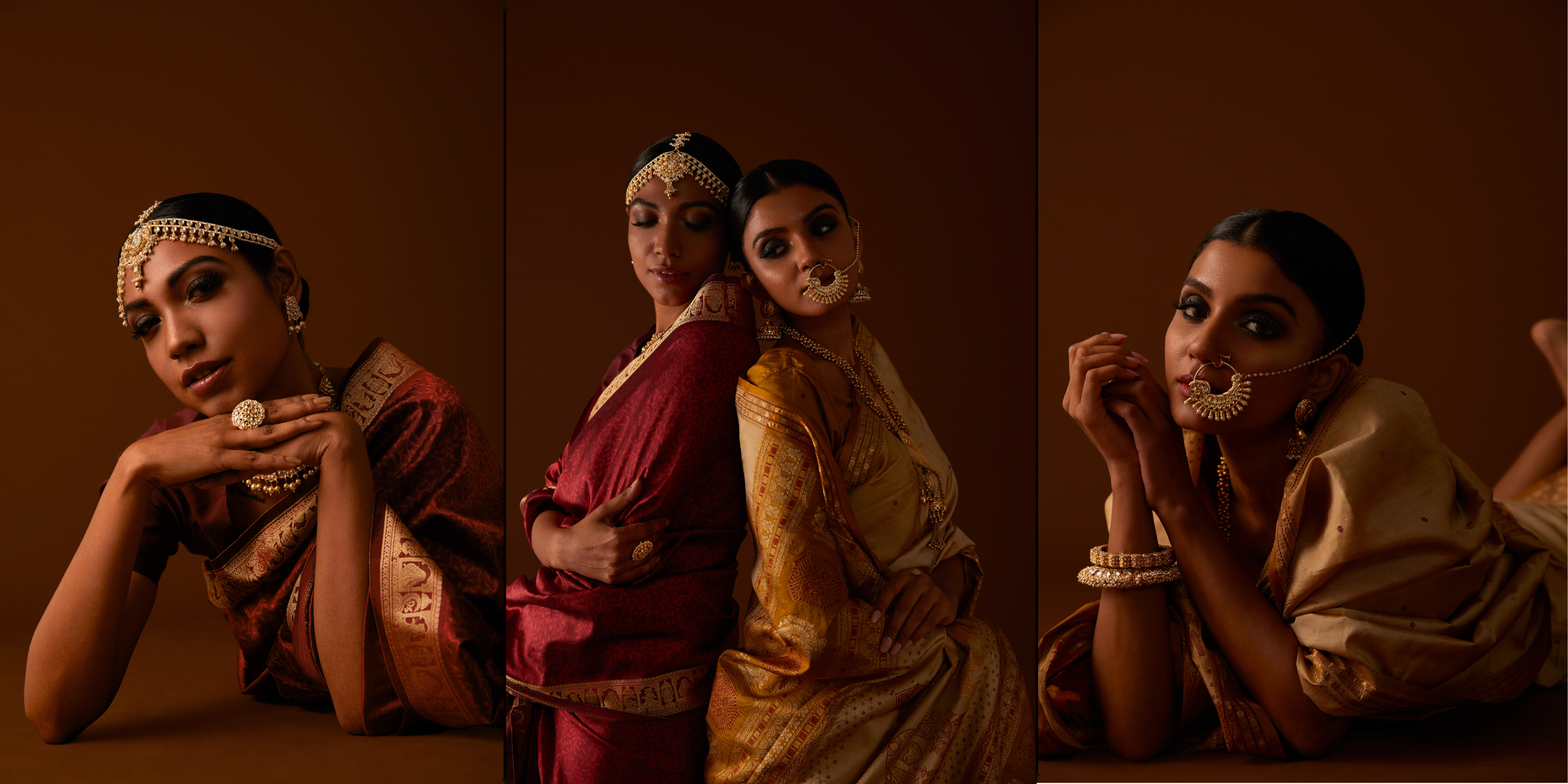 Collage of a woman in traditional attire against a brown background