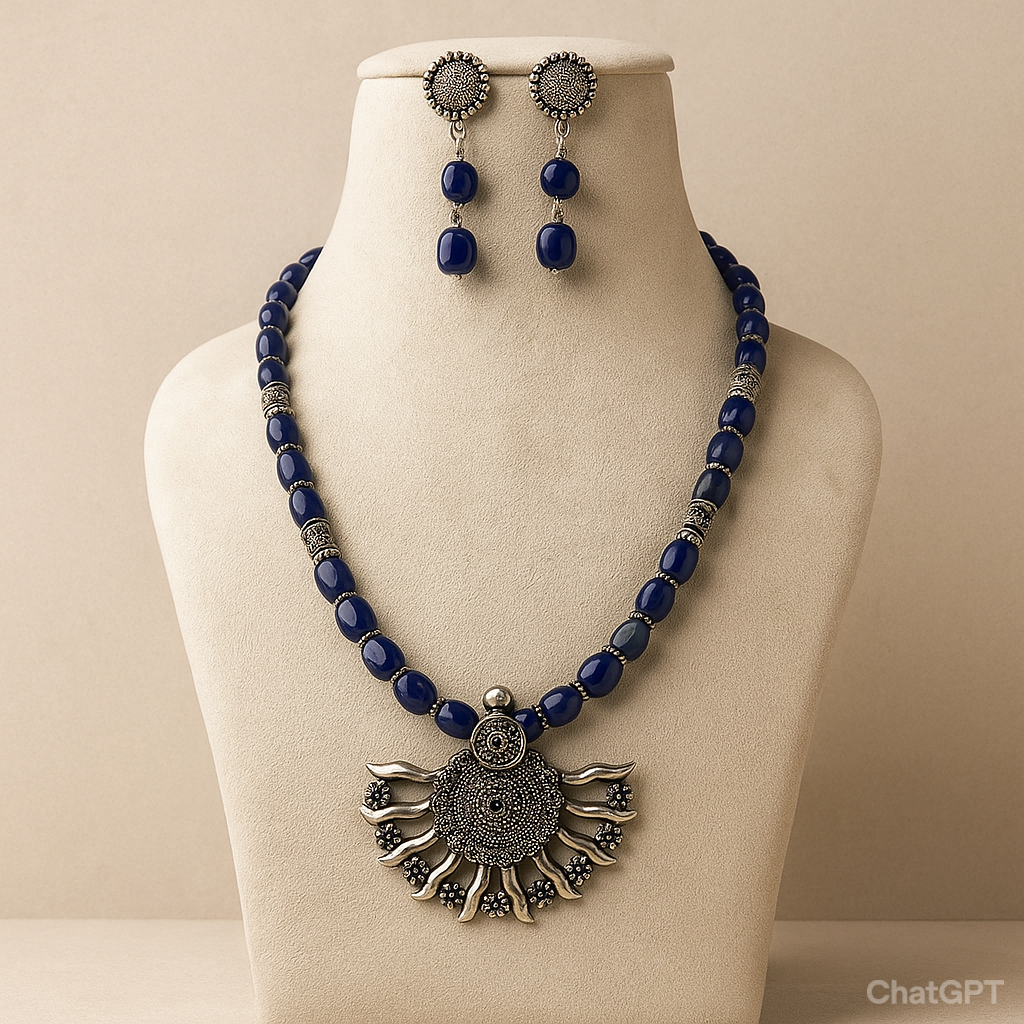 Oxidised silver pendant with glass beads  Necklace with Earrings
