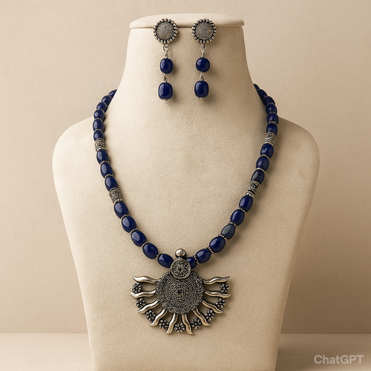 Oxidised silver pendant with glass beads  Necklace with Earrings