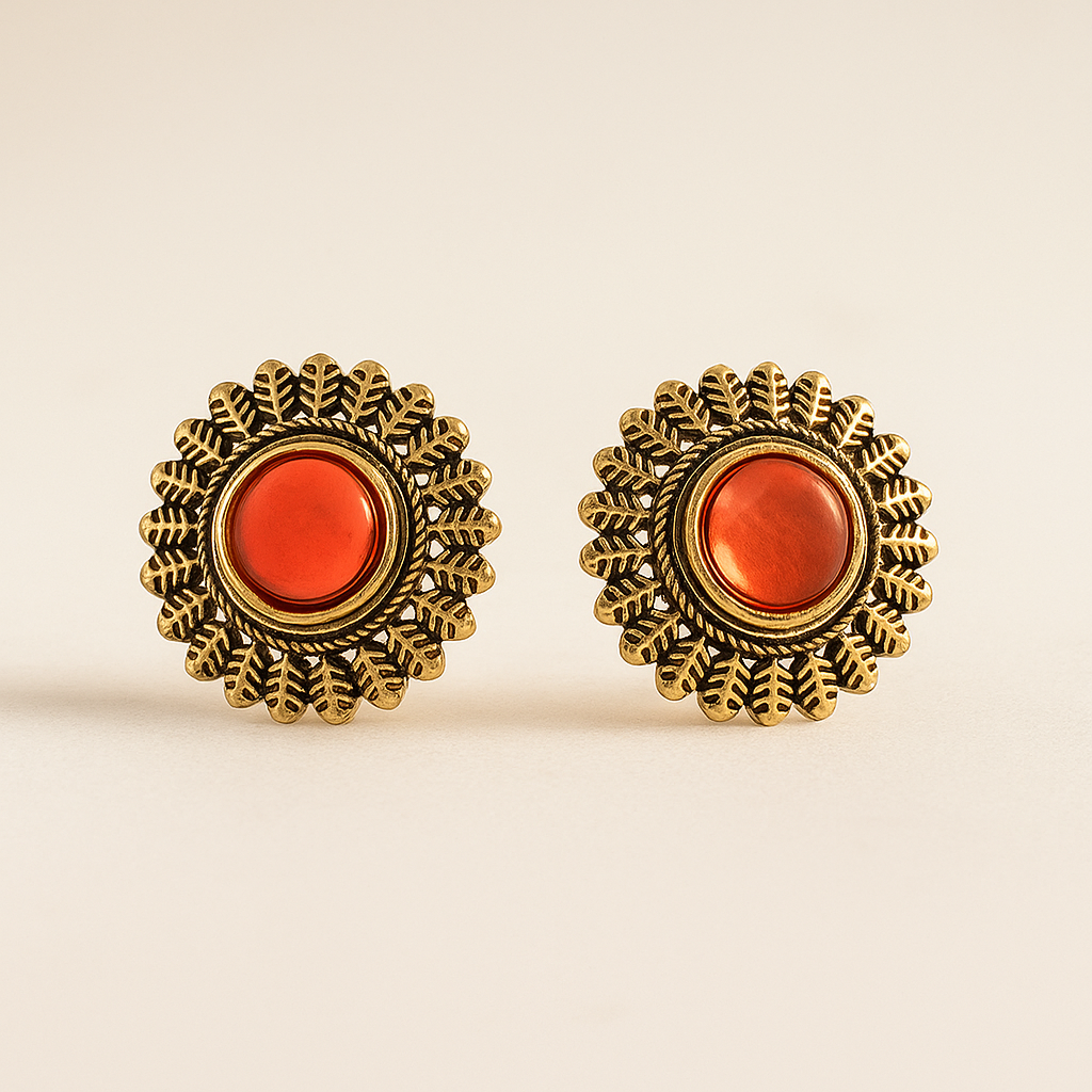 Antique Gold-Plated Stud Earrings with Orange Stone