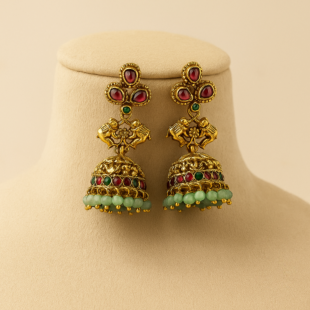 Traditional Gold-Plated Jhumka Earrings with Ruby and Turquoise Beads, Antique Finish