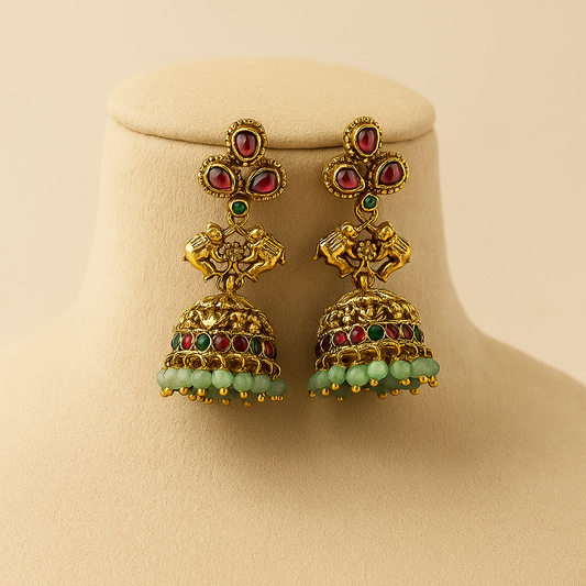 Traditional Gold-Plated Jhumka Earrings with Ruby and Turquoise Beads, Antique Finish