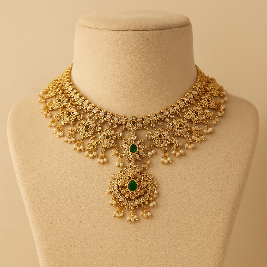 Traditional Indian Pearl Necklace Set with Emerald and Crystal Stones