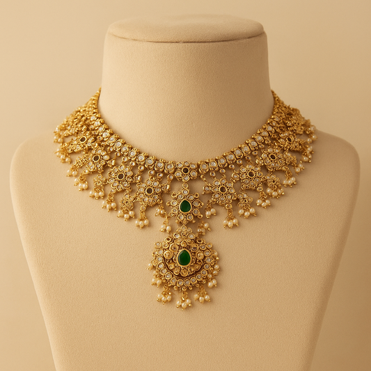 Traditional Indian Pearl Necklace Set with Emerald and Crystal Stones