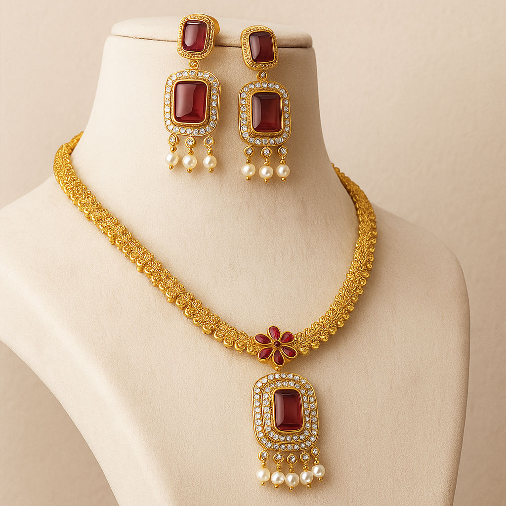 Elegant Gold-Toned Necklace Set With Crystal Pendant