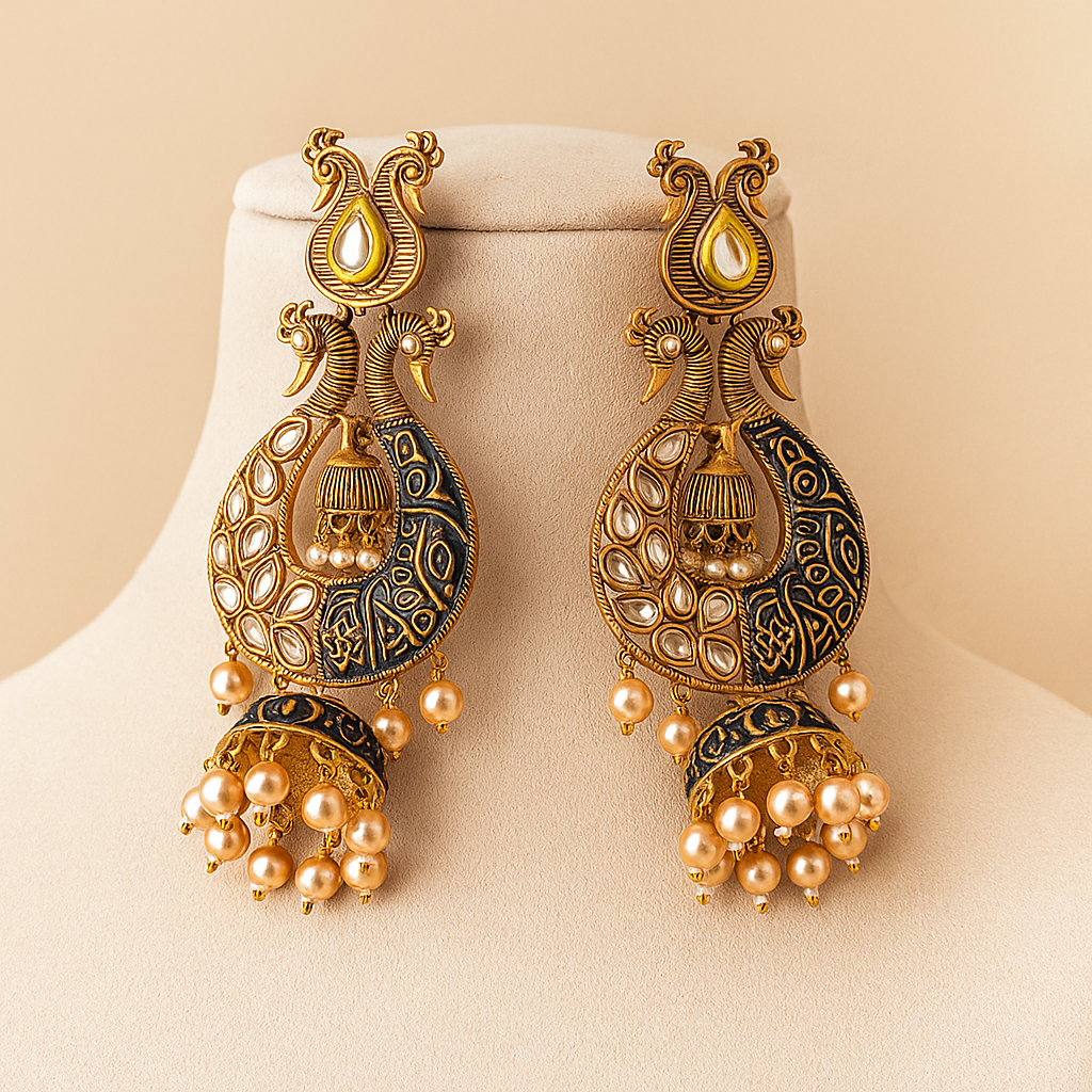 Traditional Peacock Jhumka Earrings, Antique Gold Finish