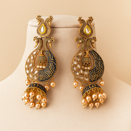 Traditional Peacock Jhumka Earrings, Antique Gold Finish