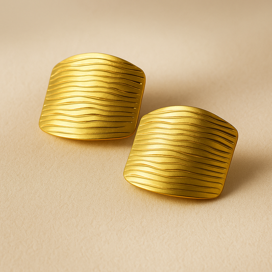 Stainless Steel Gold-Toned Wave Pattern Square Stud Earrings