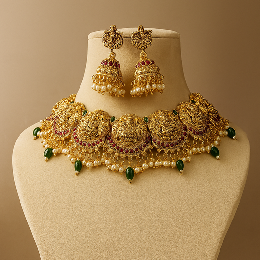Traditional Gold-Plated Temple Necklace Set with Pearl and Emerald Drops