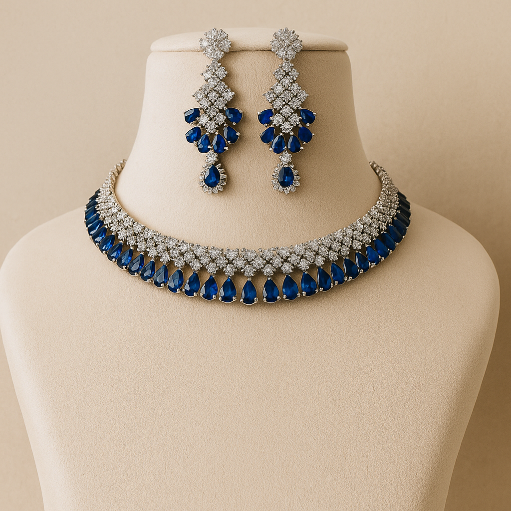 Party Wear Ad with Earring Necklace set in Blue colour