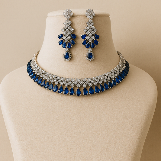 Party Wear Ad with Earring Necklace set in Blue colour