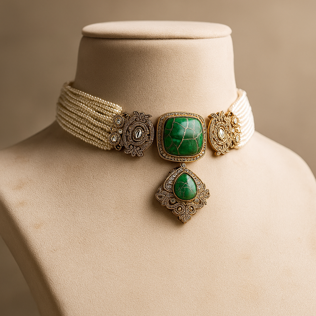 Vintage Pearl Choker Necklace with Emerald Stone Pendant