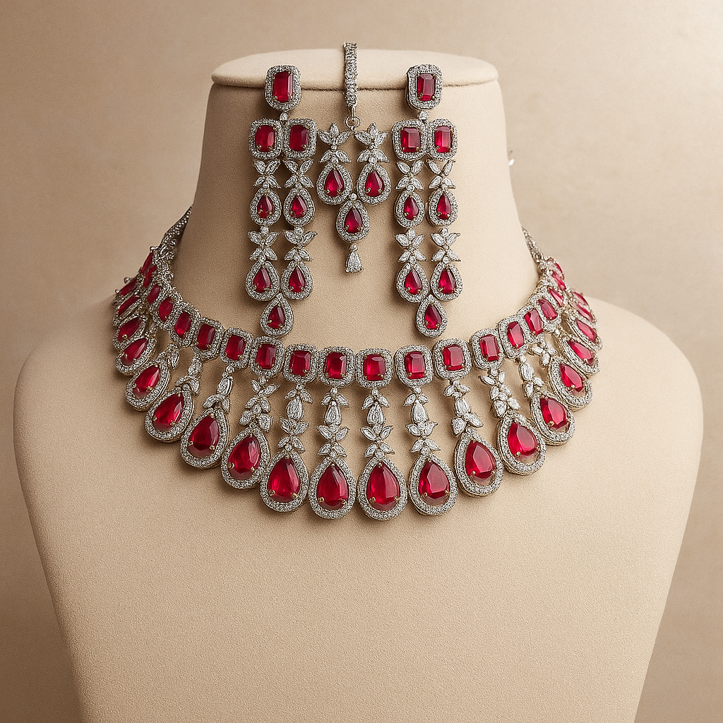 Women Silver-Plated American Diamond-Studded Necklace & Earrings Set