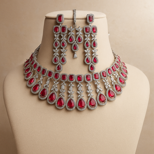 Women Silver-Plated American Diamond-Studded Necklace & Earrings Set
