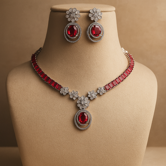 American Diamond Necklace Set with Ruby Red Stones