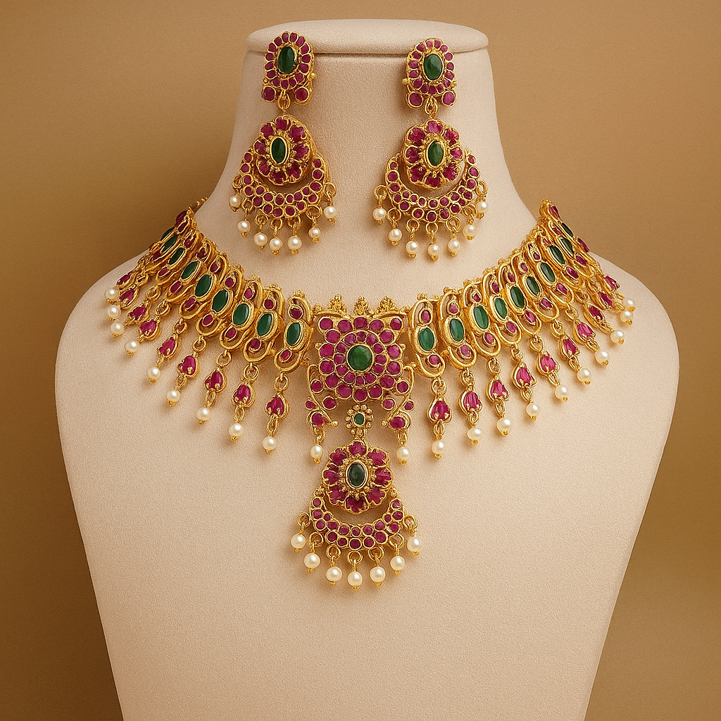 Traditional Indian Bridal Jewellery Set, Gold-Plated Choker Necklace with Pearl Drops, Ruby and Emerald Stones, Chandelier Earrings