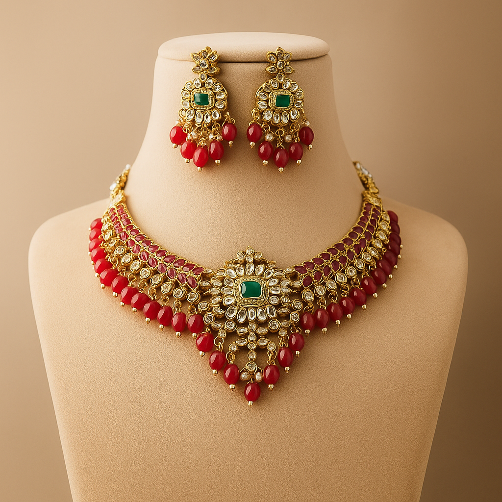 Designer Red Beads Necklace Set for Women | Bridal Jewellery with Kundan Work