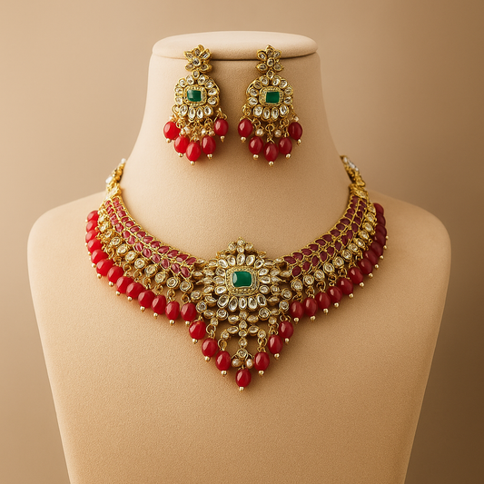 Designer Red Beads Necklace Set for Women | Bridal Jewellery with Kundan Work