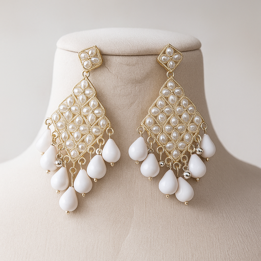 Pearl Drop Chandelier Earrings, Silver-Plated Crystal Flower Design