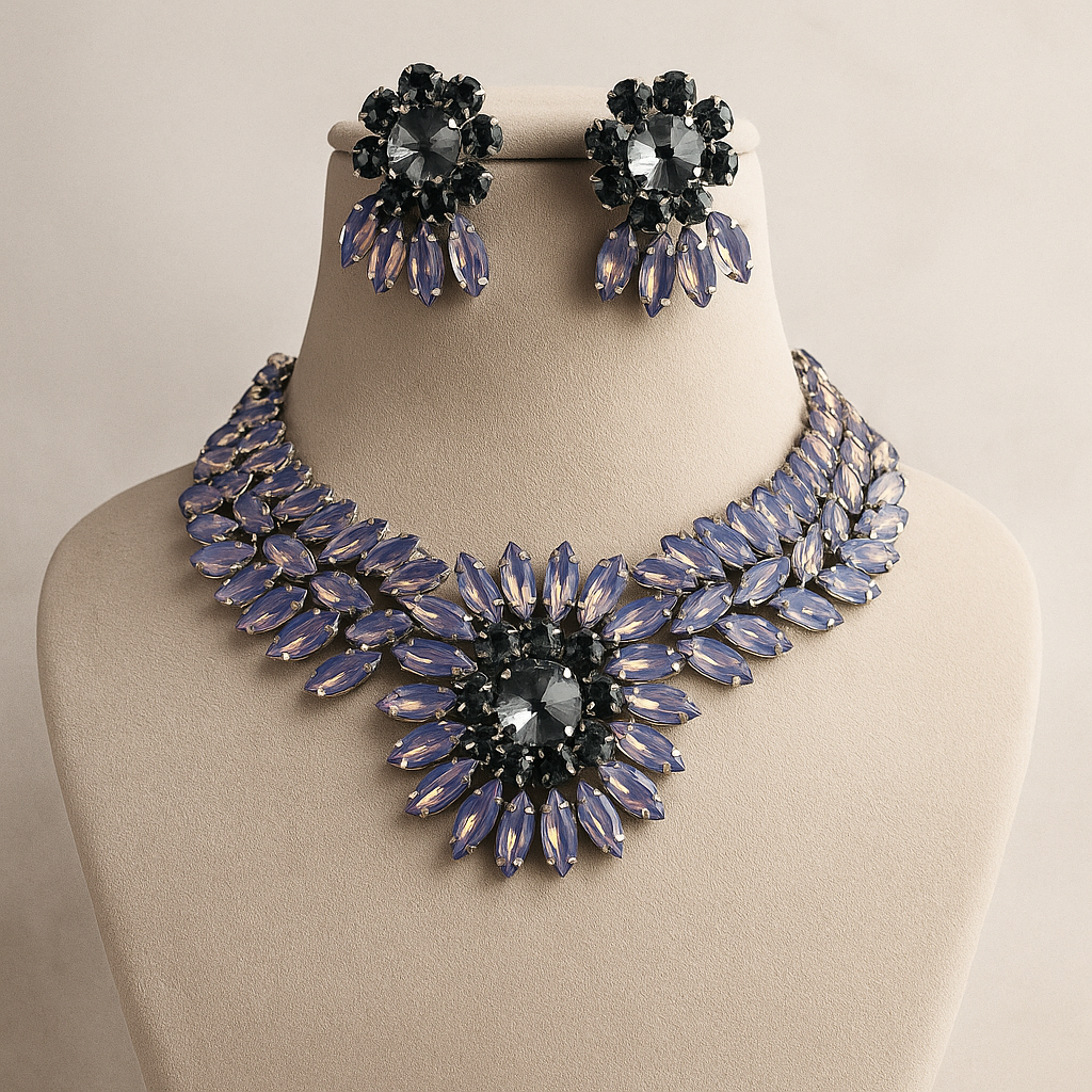 Crystal Flower Statement Bracelet, Purple and Grey Rhinestone Design, Elegant Evening Jewellery