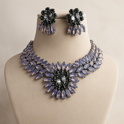 Crystal Flower Statement Bracelet, Purple and Grey Rhinestone Design, Elegant Evening Jewellery