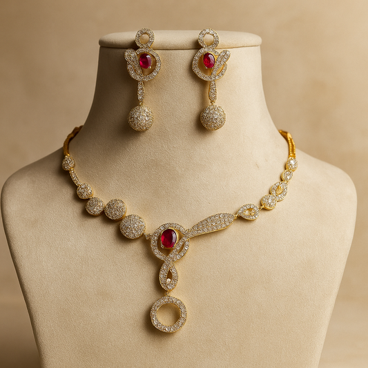 Gold-Plated Crystal Necklace and Earrings Set with Ruby Red Accent