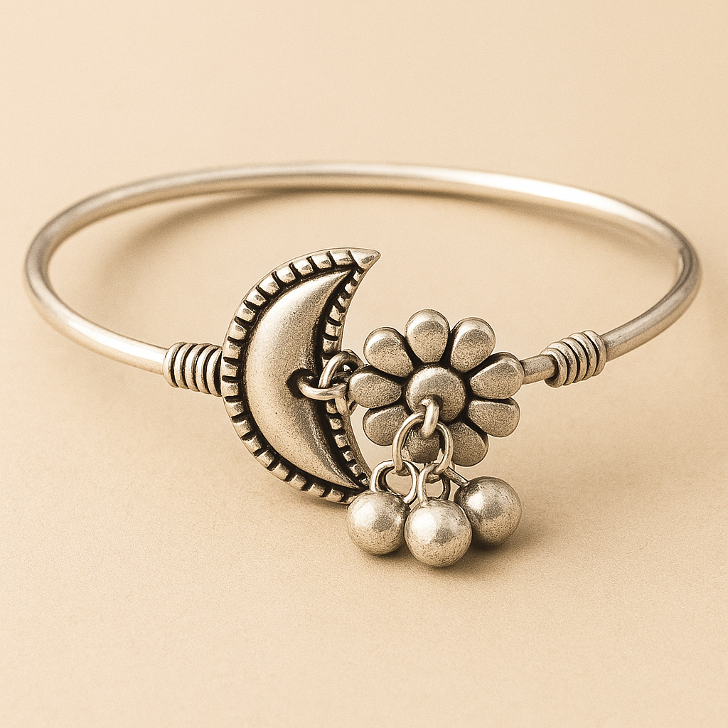 Antique Silver Moon and Flower Charm Bangle Bracelet
