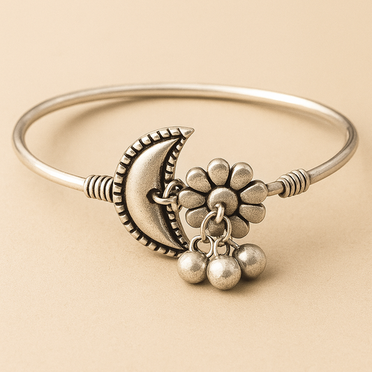 Antique Silver Moon and Flower Charm Bangle Bracelet