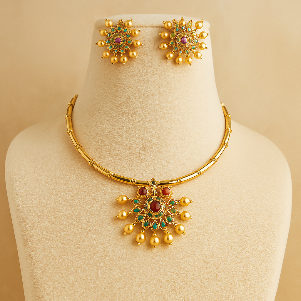 Gold-Plated with Pearl and Ruby Stones, Floral Design