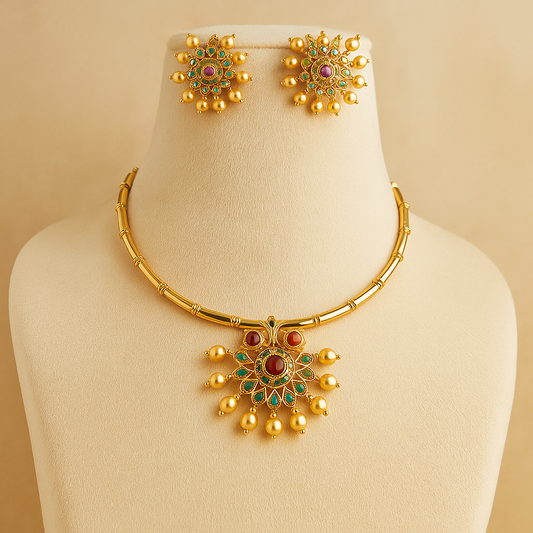 Gold-Plated with Pearl and Ruby Stones, Floral Design