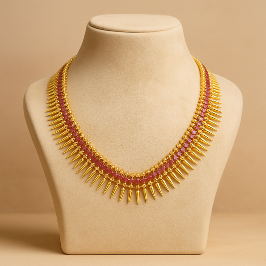 Traditional Gold-Plated Long Necklace with Pink Ruby Stones, Spike Design