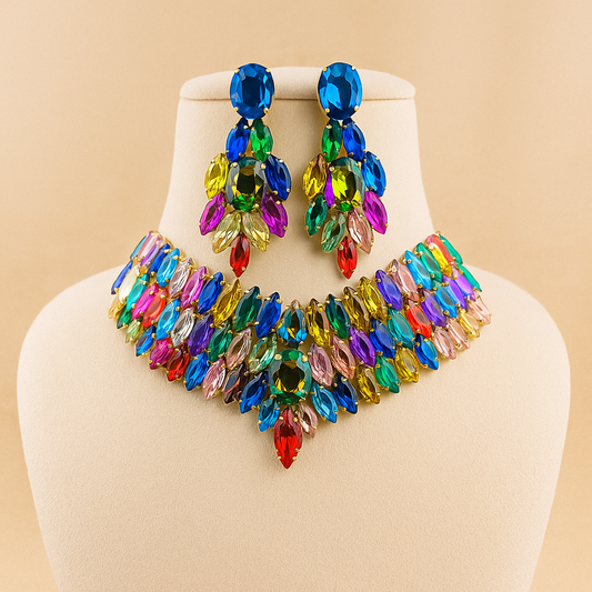 Multicoloured Crystal Statement Earrings, Marquise Cut Gems, Rainbow Drop Design, Fashion Jewellery