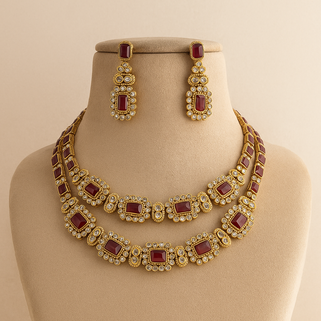 Antique Gold Plated Ruby Red Crystal Necklace and Earrings Set