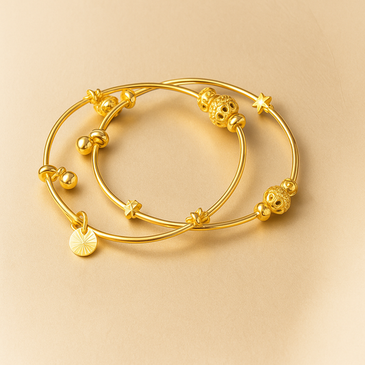 Golden Charm Bangle Bracelets with Decorative Beads, Set of 2